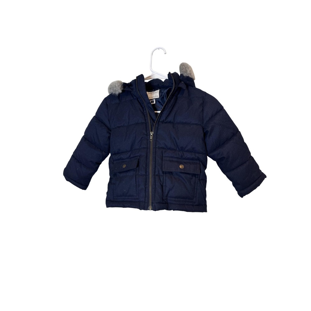 Janie and Jack Jacket Boys 3-4 years Navy Hooded Puffer Faux Fur Trim Winter